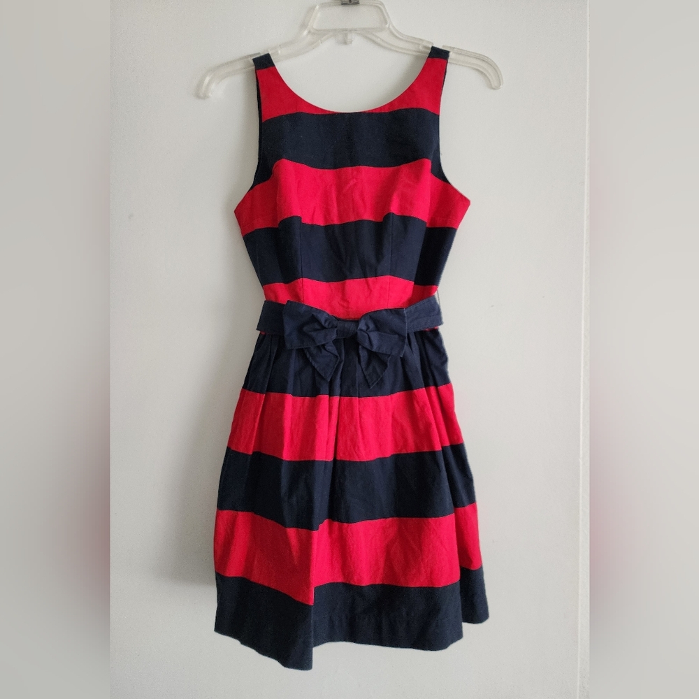 Abercrombie & Fitch Navy and Red Striped Midi Dress with Waist Bow